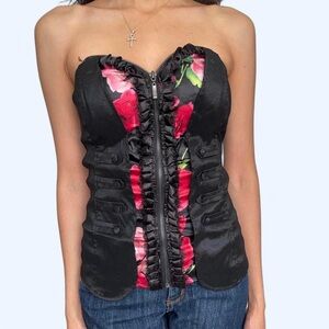 🖤🌸 Grunge Y2K Black Corset Top with Pink Floral Lining by Lydia 🌸🖤
